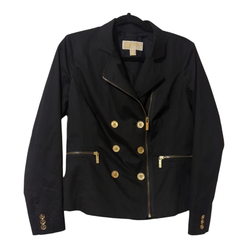 Michael Michael Kors Black Gold Zip Buttons Women's Double Breasted Jacket - Picture 2 of 10